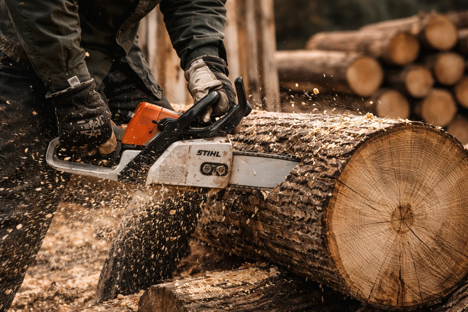 Un professionnel scie une grume de bois en forêt